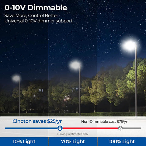 0-10V dimmable LED street lights with varying brightness levels at night showing energy savings.