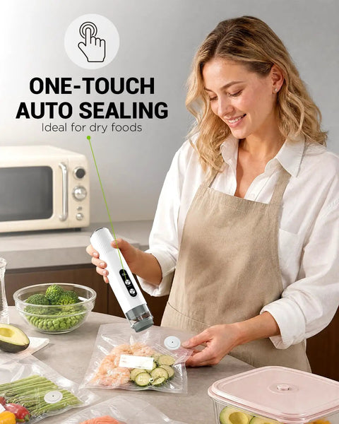 Woman using Cordless Handheld Food Vacuum Sealer With 30 Reusable Bags, Compact Portable Saver for Sous Vide, Meal Prep