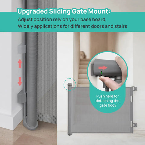 Retractable Baby Gate With One Way Lock Mesh, Tall 34 Inch Safety Gate, extending across doorway with hand adjusting lock