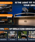 Grill Light For Blackstone Griddle And Weber Grill Rechargeable BBQ Lights showing compatibility with various grill brands.