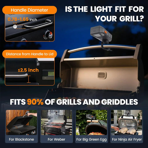 Grill Light For Blackstone Griddle And Weber Grill Rechargeable BBQ Lights showing compatibility with various grill brands.