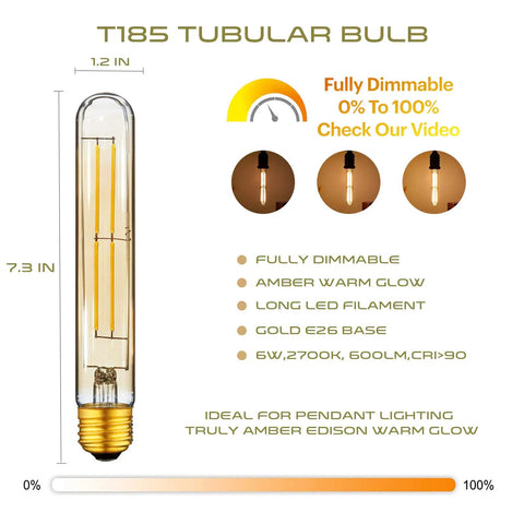 Dimmable T10 Amber LED Tubular Bulb 6W 60W Equivalent, Retro Edison Style Light with E26 Base and Warm Glow