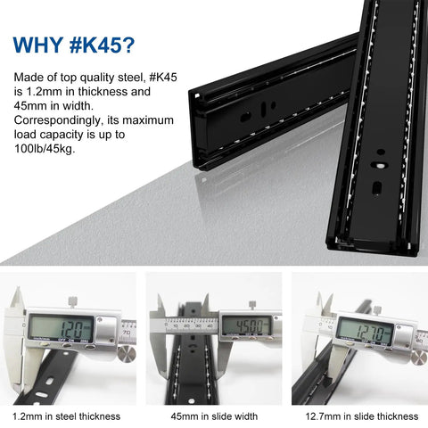 Close-up of 22 Inch Soft Close Drawer Slide With Heavy Duty 100lb Load Rating, Ball Bearing, Side Mount, Full Extension, Black Finish.