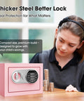 Compact Kid Safe For Money With Digital Lock And Code Mini Safe Box For Cash And Personal Items At Home Pink Measures 6.69 By 9.05 By 6.69 Inches Fits Under Table Or Closet with child stacking coins.