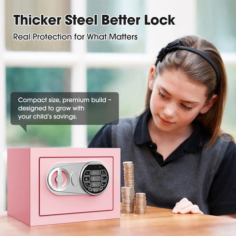 Compact Kid Safe For Money With Digital Lock And Code Mini Safe Box For Cash And Personal Items At Home Pink Measures 6.69 By 9.05 By 6.69 Inches Fits Under Table Or Closet with child stacking coins.
