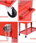 80 Quart Rolling Cooler Cart With Bottle Opener And Catch Tray For Parties And Bar Nights Red Durable Steel With Easy Fill Lift Off Top And Bottom Storage Shelf Powder Coat Finish Built For Backyard BBQs And Social Gatherings shown with swivel wheels, drain plug, and storage area.