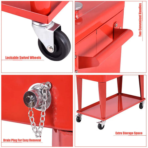 80 Quart Rolling Cooler Cart With Bottle Opener And Catch Tray For Parties And Bar Nights Red Durable Steel With Easy Fill Lift Off Top And Bottom Storage Shelf Powder Coat Finish Built For Backyard BBQs And Social Gatherings shown with swivel wheels, drain plug, and storage area.