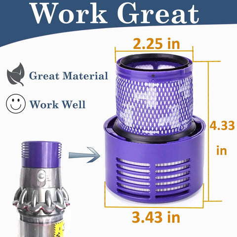 V10 Replacement Filters For Dyson Vacuum Cyclone Series 3 Pack With dimensions and material details.