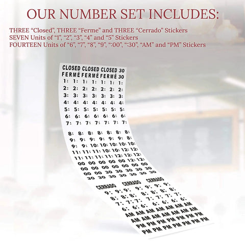 Open Sign For Windows And Doors, Bold Red And White Hours Of Operation Kit number sticker set with adhesive pads