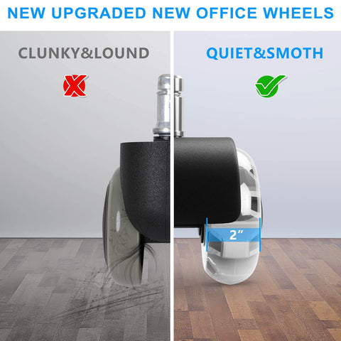 5-Pack Office Chair Caster Wheels Heavy-Duty Low Noise for Hardwood Floors and Carpet comparison of clunky and quiet performance