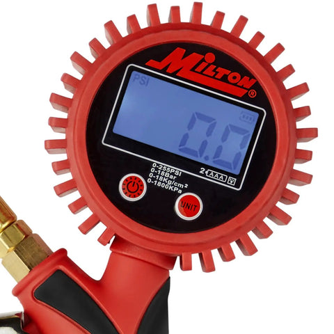 Heavy-Duty Digital Tire Pressure Gauge With Inflator, Clip-On Chuck, 20 Inch Air Hose, Easy Read 0.1 PSI Display, Pistol Grip, Pro Grade Build, 255 PSI Max, 1/4 Inch NPT, Made In USA close-up digital gauge