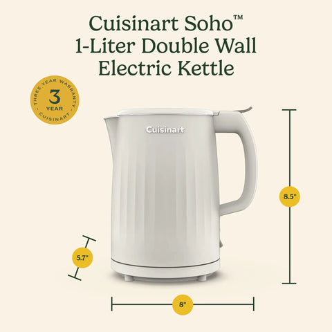 Soho 1-Liter Double Wall Electric Kettle With Stainless Steel Interior One-Touch Boil For Tea, Hot Cocoa, Or Oatmeal