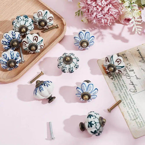 Vintage Ceramic Pumpkin Cabinet Knobs Set, 20 Piece, 1.5 Inch Leaf Pattern Drawer Pulls With Screws, Four Color Mix displayed