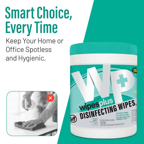 Bleach-Free Lemon Scent Disinfecting Surface Wipes Canister, 240 Count, 3-In-1 Cleaner shown with cleaning instructions