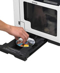 Close-up of hand inserting a printed disc into No Sweat CD DVD BluRay Disc Publisher And Printer With 100 Disc Slot for easy use.