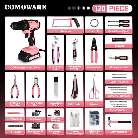 Pink 120 Piece Home Tool Kit with 20V Cordless Drill Driver, hacksaw, tape, pliers, wrench, and other hand tools in plastic box