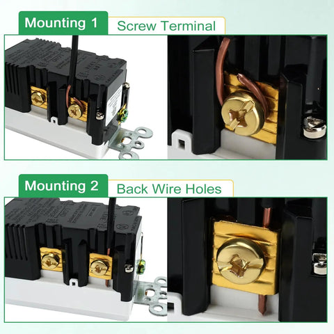 Six Pack White 20 Amp GFCI Outlet With Dual USB Charging Ports And Smart LEDs Self Test Ground Fault Protection Heavy Duty Electrical Receptacle shown with screw terminal and back wire holes for easy installation.