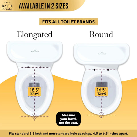 Heavy Duty White Elongated Toilet Seat Featuring Smooth Operator Slow Close Hinges That Never Slam Easy Wipe Clean Surfaces For Daily Grind Built Sick Strong Fits Any Universal Bowl Like A Charm. Comparison of elongated and round toilet seat sizes, showcasing dimensions.