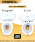 Elongated Soft Close Toilet Seat Heavy Duty Scratch Resistant Universal Fit Top Tier Bathroom Essential showing measurements for elongated and round sizes.