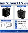 Six Pack 12V 40A 4 Pin Automotive Relay Replacement For 8T2T 14B192 AA And FoMoCo Style Units O101K Compatible Durable Auto Relay For Cars Trucks And SUVs, black 4-pin relay front and pin layout
