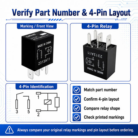Six Pack 12V 40A 4 Pin Automotive Relay Replacement For 8T2T 14B192 AA And FoMoCo Style Units O101K Compatible Durable Auto Relay For Cars Trucks And SUVs, black 4-pin relay front and pin layout