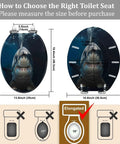 Resin Toilet Seat Decor for Elongated Toilet dimensions shown with shark design, 14.4" x 19.4" size guide.