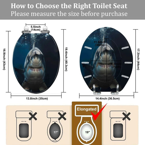 Resin Toilet Seat Decor for Elongated Toilet dimensions shown with shark design, 14.4" x 19.4" size guide.
