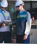 Badass Flame Resistant Heat Shield Arm Sleeves For Mechanics Tough As Nails Flexible Aluminum Foil worn by worker with equipment.