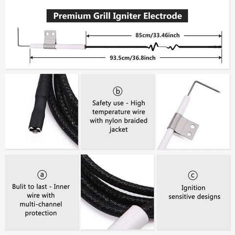 Premium grill igniter electrode with dimensions and features, part of Grill Replacement Parts Kit With Heat Plate Shield And Igniter.