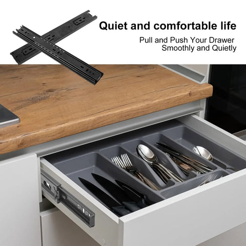 Eight Pack Built Tough Black Full Extension Drawer Slides Side Mount Ball Bearing Cabinet Rails With Mounting Screws visible in kitchen drawer.