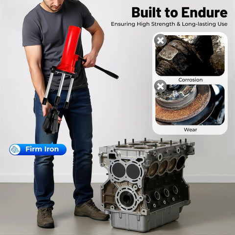 15T Hydraulic Cylinder Liner Puller Universal 80 to 135mm Wet Dry Sleeve Removal Tool For Engine And Tractor Repair Heavy Duty Liner Puller With Ergonomic Press Rod And Rugged Pro Grade 45 Steel Construction in use on engine block