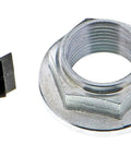 Close-up of a metal wheel hub component with ABS sensor clip for single front wheel hub and bearing assembly with ABS sensor.
