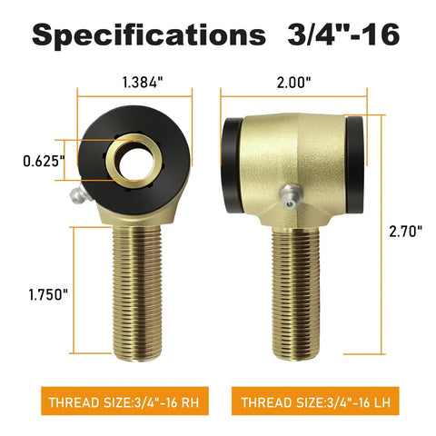 Heavy Duty Three Quarter Sixteen Thread Rod End Bushing Kit With Tough Polyurethane Sleeves And Left Right Heim Joints for specs, dimensions displayed.