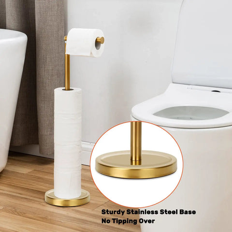 Gold Freestanding Toilet Paper Holder With Heavy Marble Base Rustproof SUS304 Stainless Steel Gold Brushed Finish in bathroom