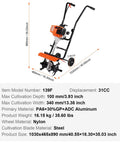 Backyard Ready 31cc 4 Stroke Tiller Cultivator With Four Steel Adjustable Front Tines, orange, dimensions and specifications visible.