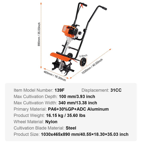 Backyard Ready 31cc 4 Stroke Tiller Cultivator With Four Steel Adjustable Front Tines, orange, dimensions and specifications visible.