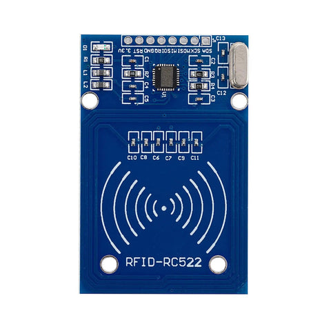 RFID Kit With MIFARE RC522 Chip Sensor Module Including S50 Blank Cards And Keychains Easy To Use And Low Cost Compatible With Arduino And Raspberry Pi For DIY RFID Projects featuring blue MFRC522 module.