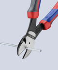 74 02 200 SBA Comfort Grip High Leverage Diagonal Cutters cutting wire, ergonomic red and blue handles, smooth precision edge