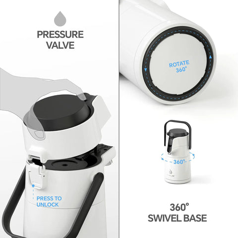 Thermal Coffee Carafe 74oz Stainless Steel Vacuum Insulated Water Jug with pressure valve and 360° swivel base