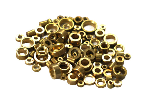 Brass clock bushings for pivots, close-up, 100-piece assortment, outer diameter 2–8.5 mm