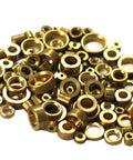 Front view of brass bushings for pivots, 100 pieces in assorted sizes, outer diameters 2–8.5 mm.