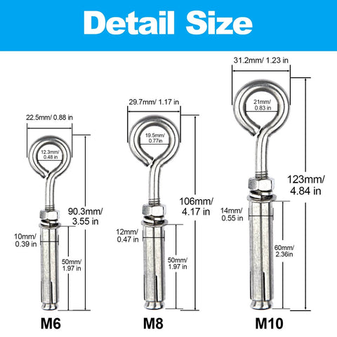 Comparison of M6, M8, M10 Beefy Heavy Duty Shoulder Eye Bolts M10 Stainless Steel 304 Eyebolts With Nuts And Expansion Screws
