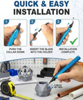Heavy Duty 11 Blade HSS Deburring Tool Kit For Metal And PVC with ergonomic blue aluminum handle demonstrating blade installation.