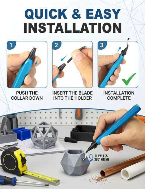 Heavy Duty 11 Blade HSS Deburring Tool Kit For Metal And PVC with ergonomic blue aluminum handle demonstrating blade installation.