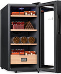 Open view of Dual Function 26L Electric Cigar Humidor with Heating and Cooling, Spanish cedar shelves, and drawer hygrometer.