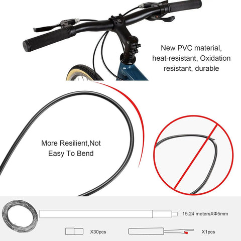 Brake Cable Housing 5mm By 50ft For Bicycle And Bike, Lined All Weather Outer Hose, Durable Black Rubber, Inner High Carbon Steel Coil Built To Last For A Stiff Ride, Includes 30 Cable End Caps, Replacement Accessory For Mountain MTB And Road Bikes.