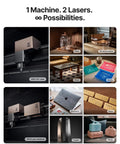 80W CO2 Laser Cutter With Intelligent Automation, Desktop Engraver With Dual HD Cameras, materials like glass and acrylic shown.