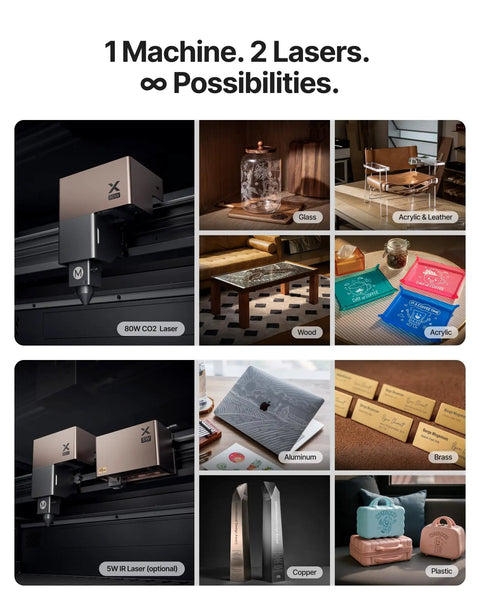 80W CO2 Laser Cutter With Intelligent Automation, Desktop Engraver With Dual HD Cameras, materials like glass and acrylic shown.