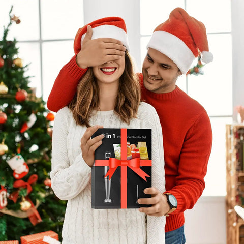 Couple with holiday gift box containing Powerful 1100W Immersion Hand Blender 3 In 1 Corded Stick With Attachments