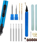 Blue USB rotary tool with drill/engraving bits and sanding accessories for 3D printing
